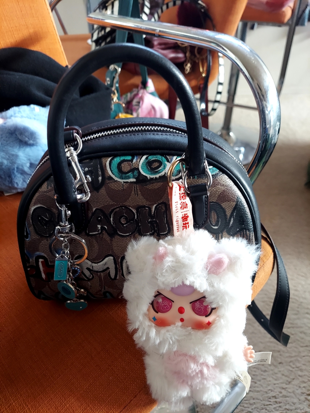 Coach Brown Monogram Dome Satchel with Black Trim and Teal Logo Accents